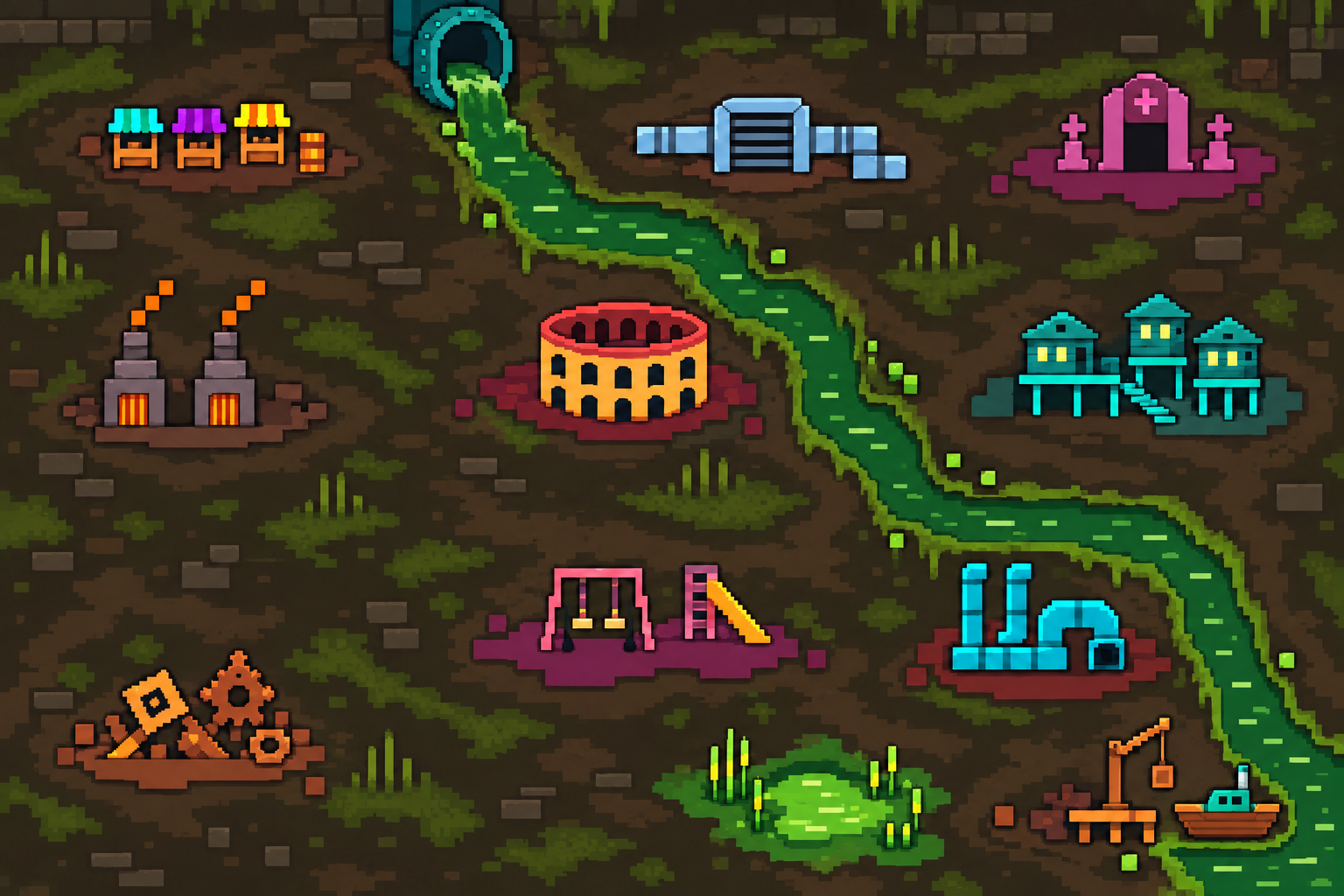 Muddy pixel-art MawnBawg map: green water flows from the clubhouse drainpipe beside the markets, through seven districts to the Sewer-port.